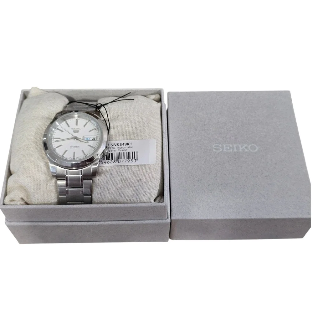 Seiko 5 SNKE49K1 39mm Automatic Watch White Dial Day Date 21 Jewels Box Office